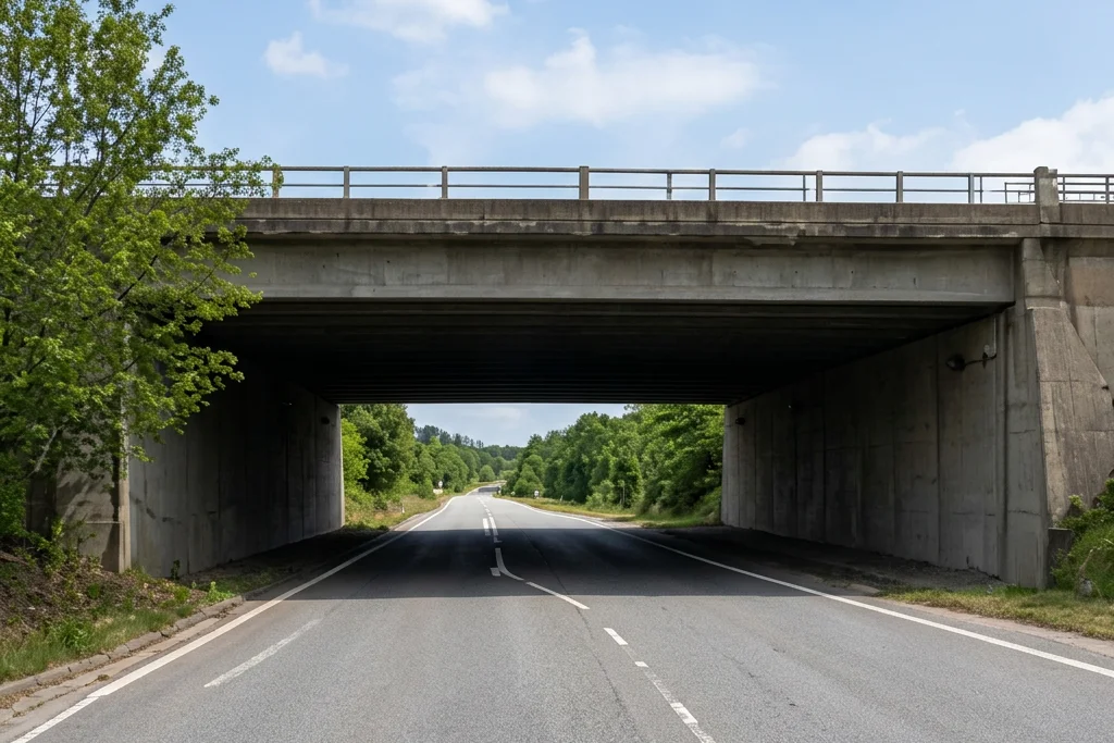 Rural highway passing under a concrete overpass