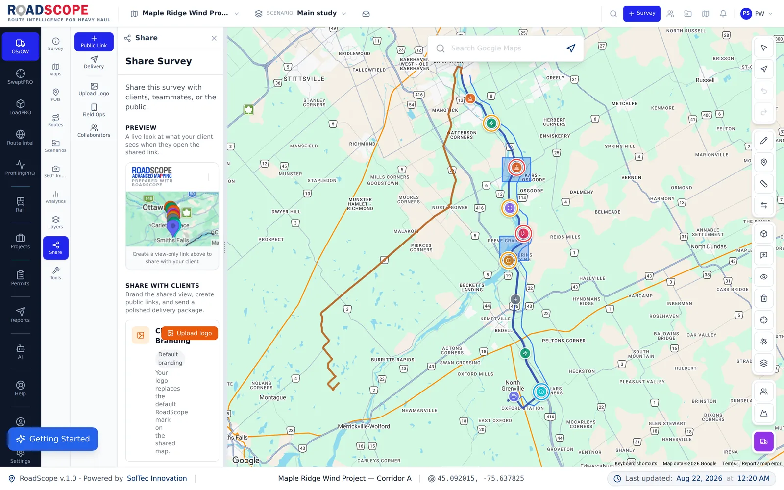 RoadScope share survey modal preparing a client delivery