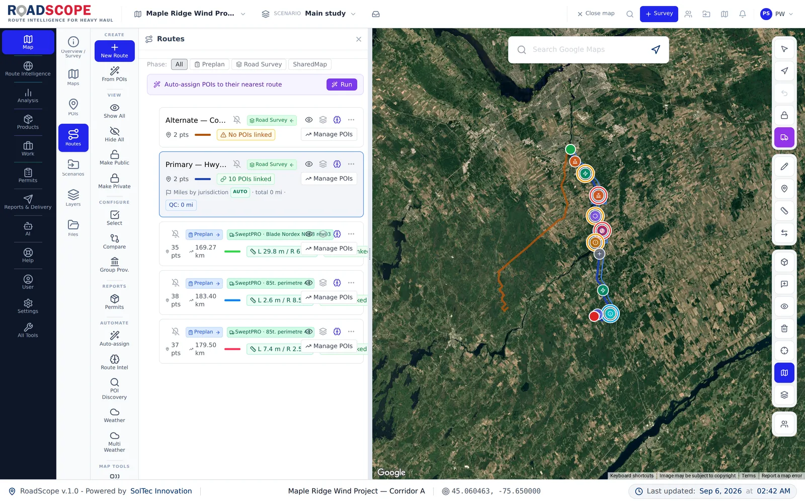A real RoadScope working session: route, evidence and engineering context on one screen