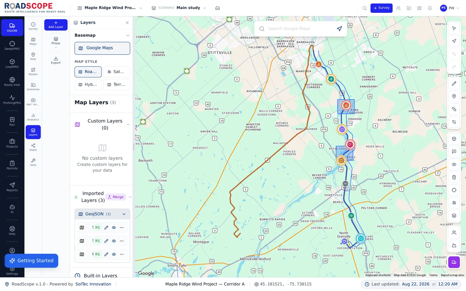 RoadScope layers panel with overhead constraint data layers on a route