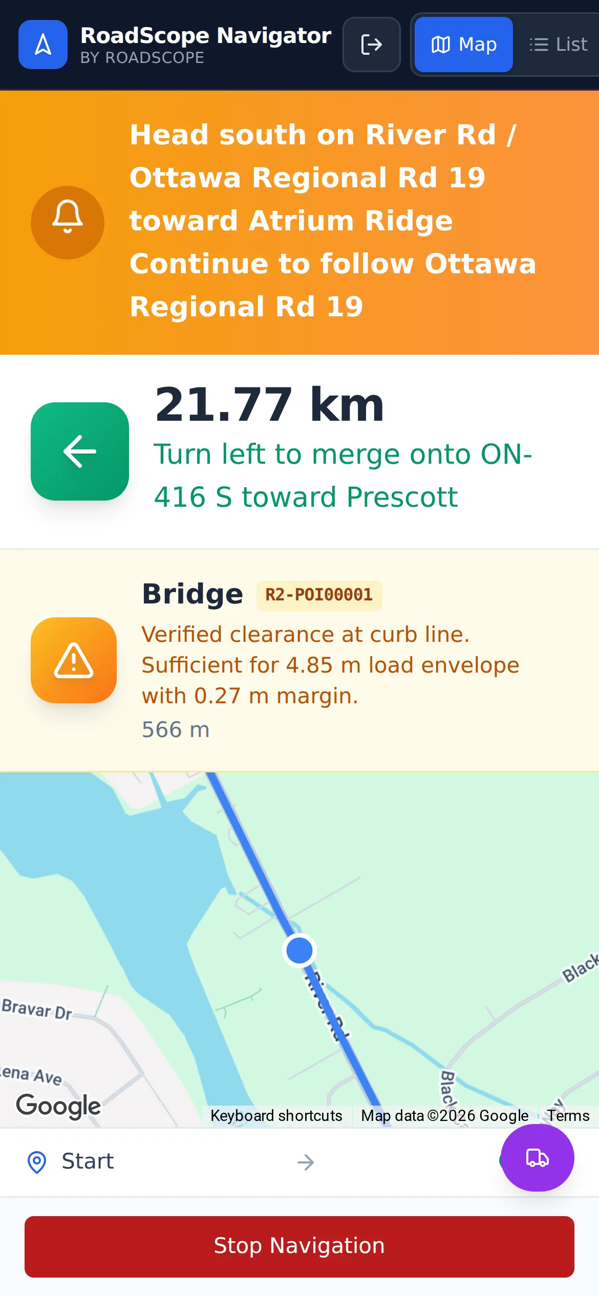 RoadScope Navigator reviewed route execution screen