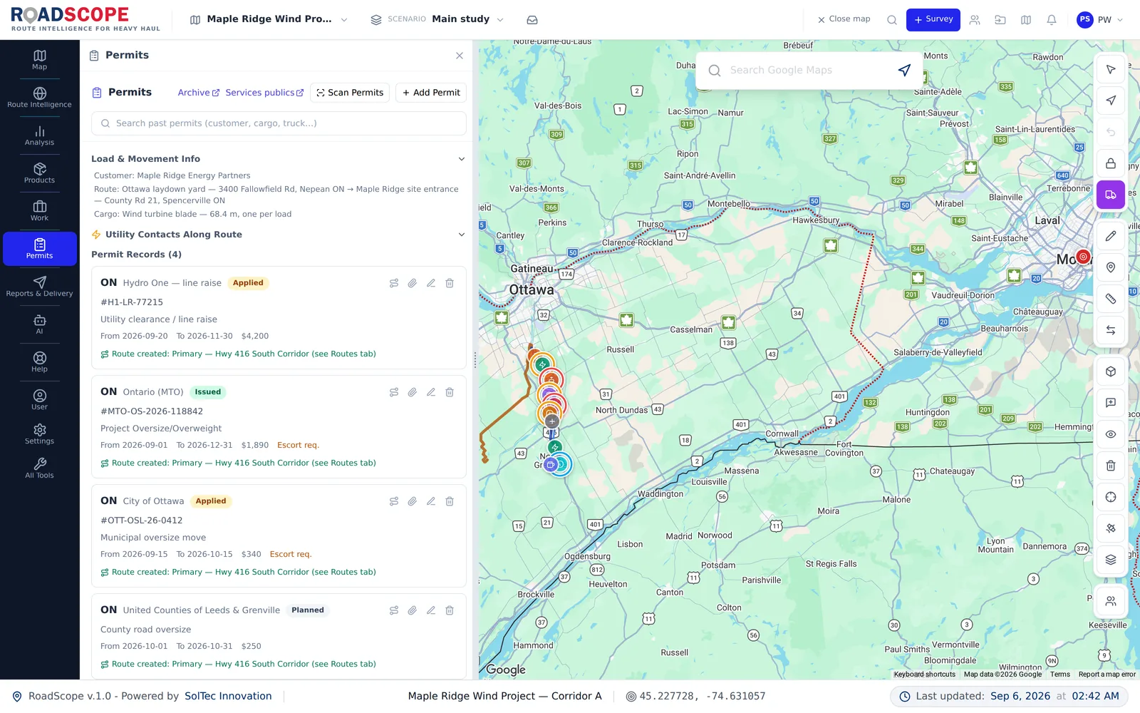 RoadScope permit workflow showing permit records alongside a route