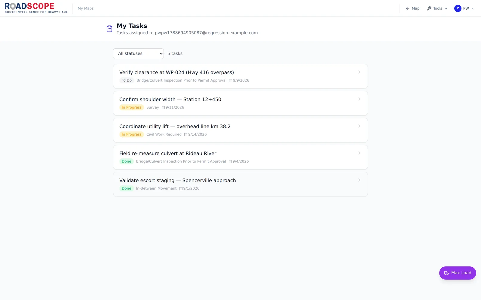 RoadScope project tasks: route work items with status, category and due date, assigned to a team member