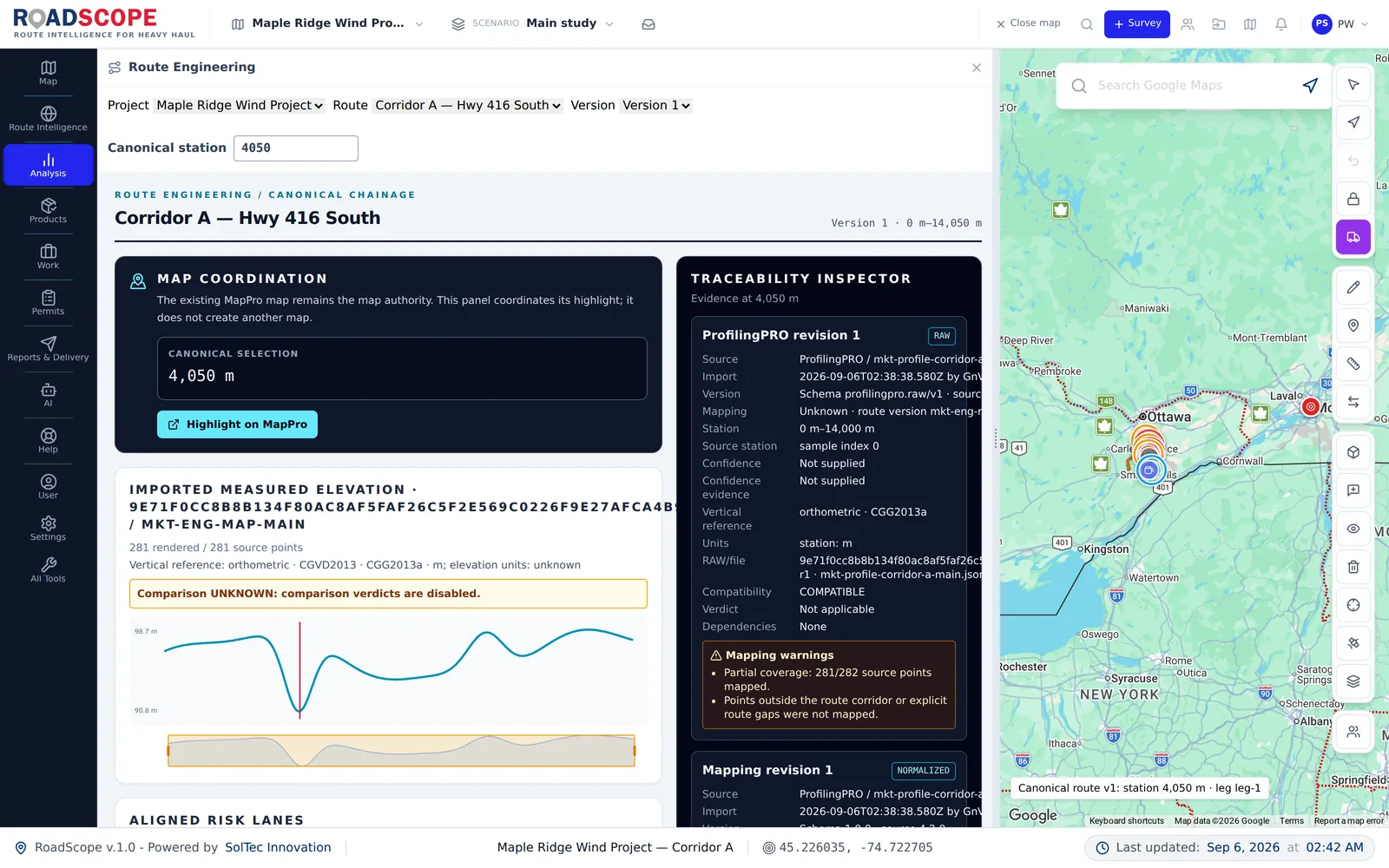 RoadScope Route Engineering map, profile, and traceability workspace
