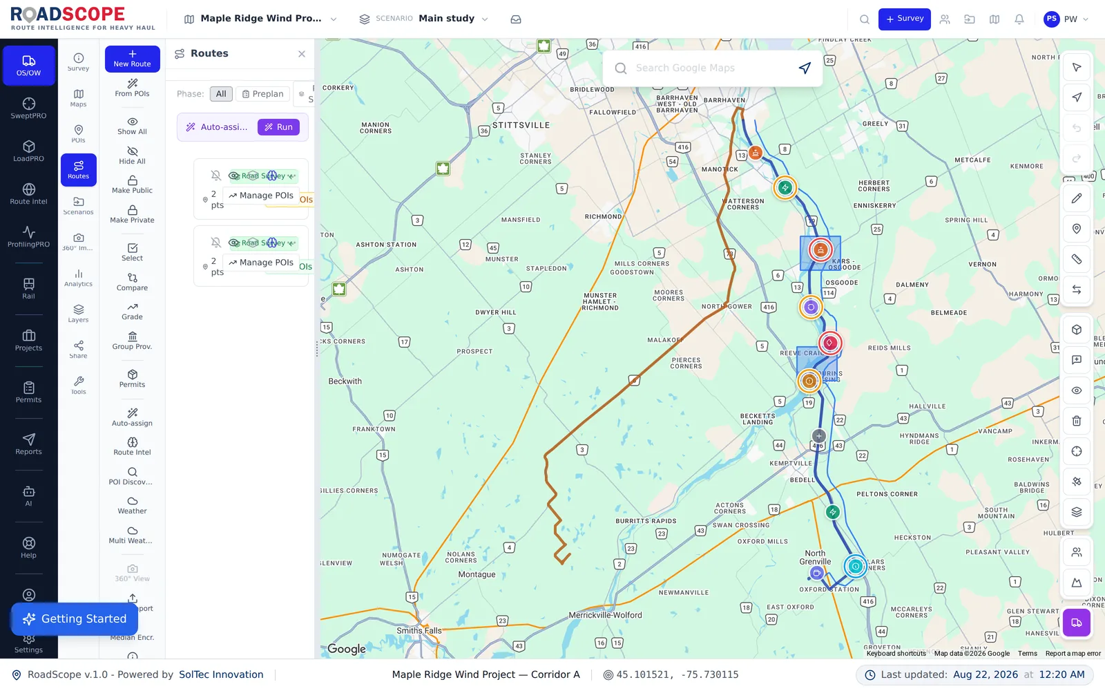 RoadScope routes management view with multiple heavy haul route options