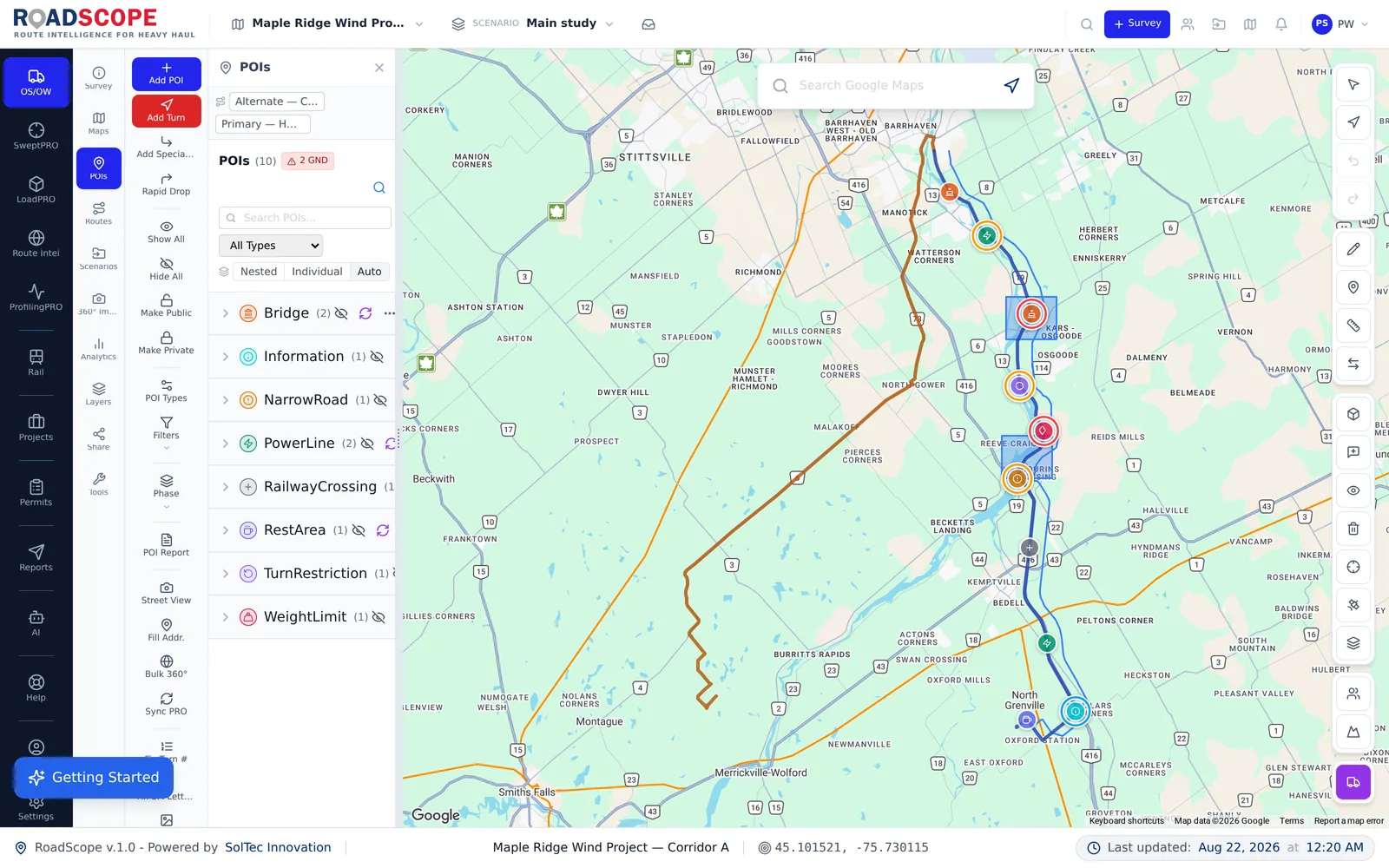 RoadScope route workspace for heavy haul carriers
